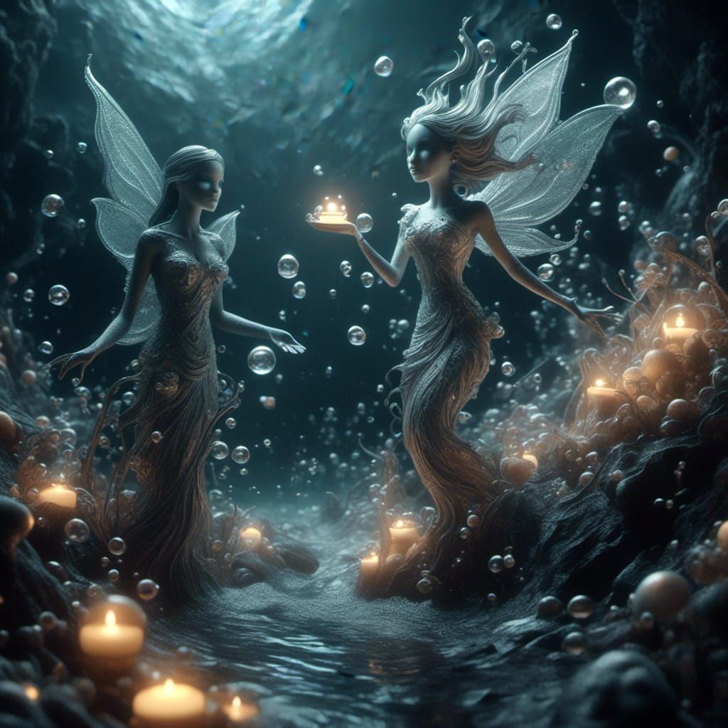Abstract Mermaid Fairies in Cubist Dark Art Style
