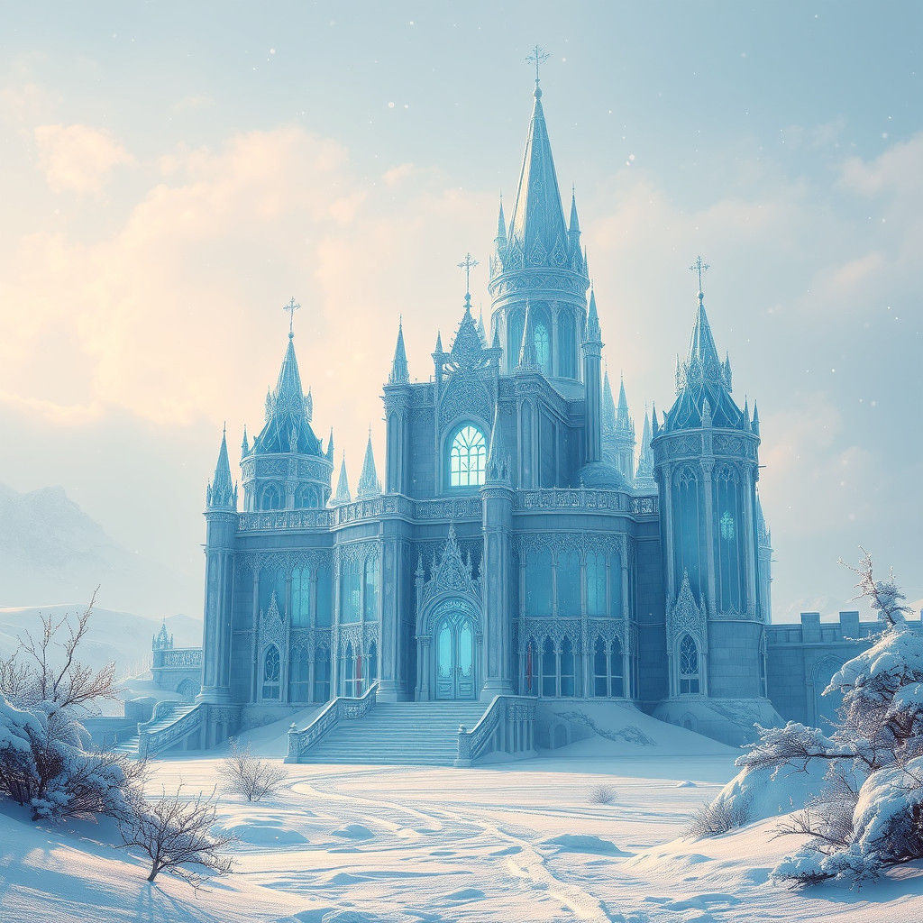 Majestic Ice Castle in Dreamlike Matte Painting Style