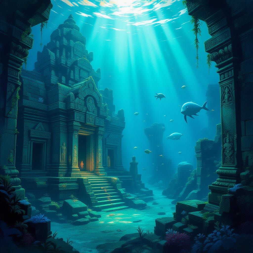 Submerged Ancient Temple in Bioluminescent Ocean