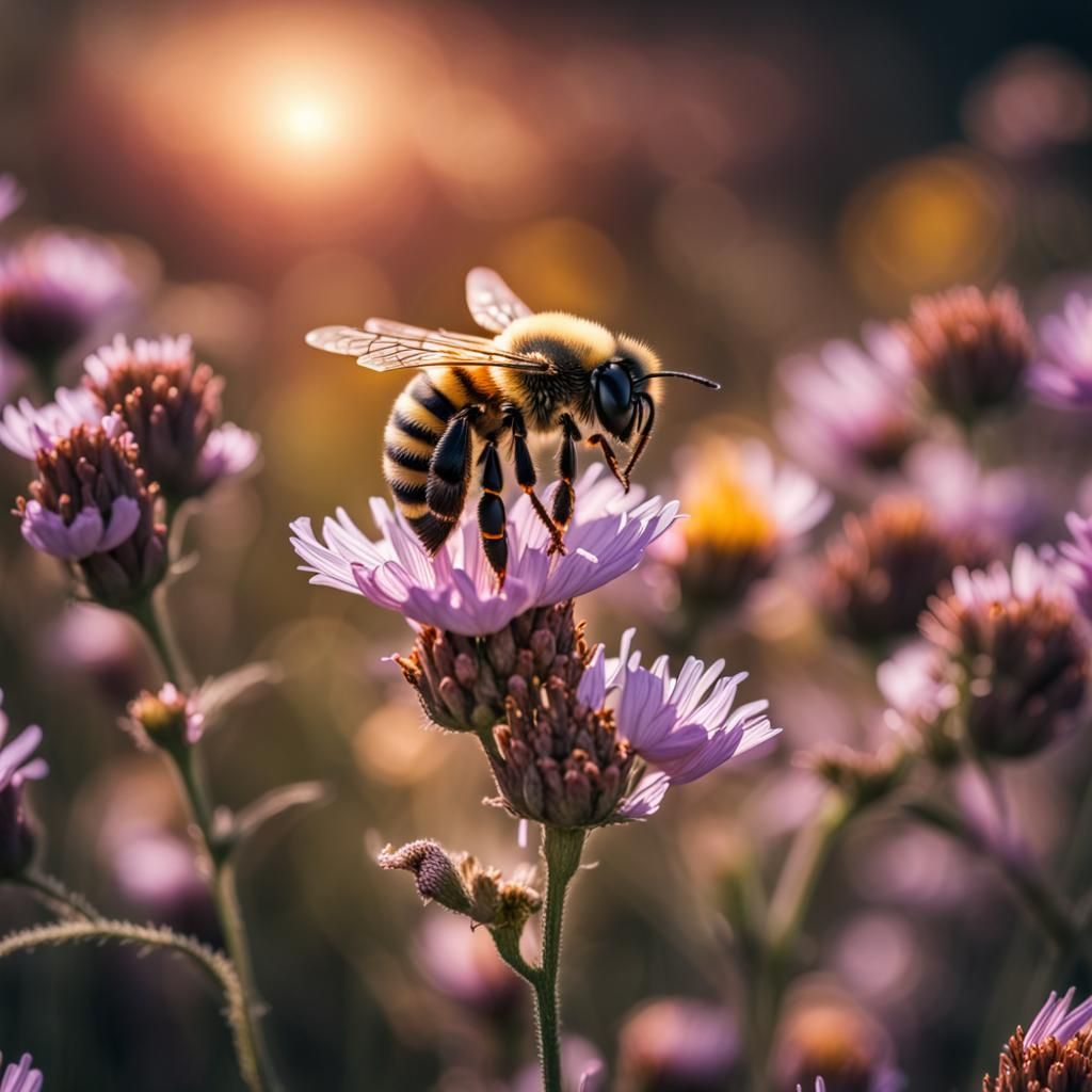 Bee in Flower Field: Hyperrealistic 64 Megapixel Image