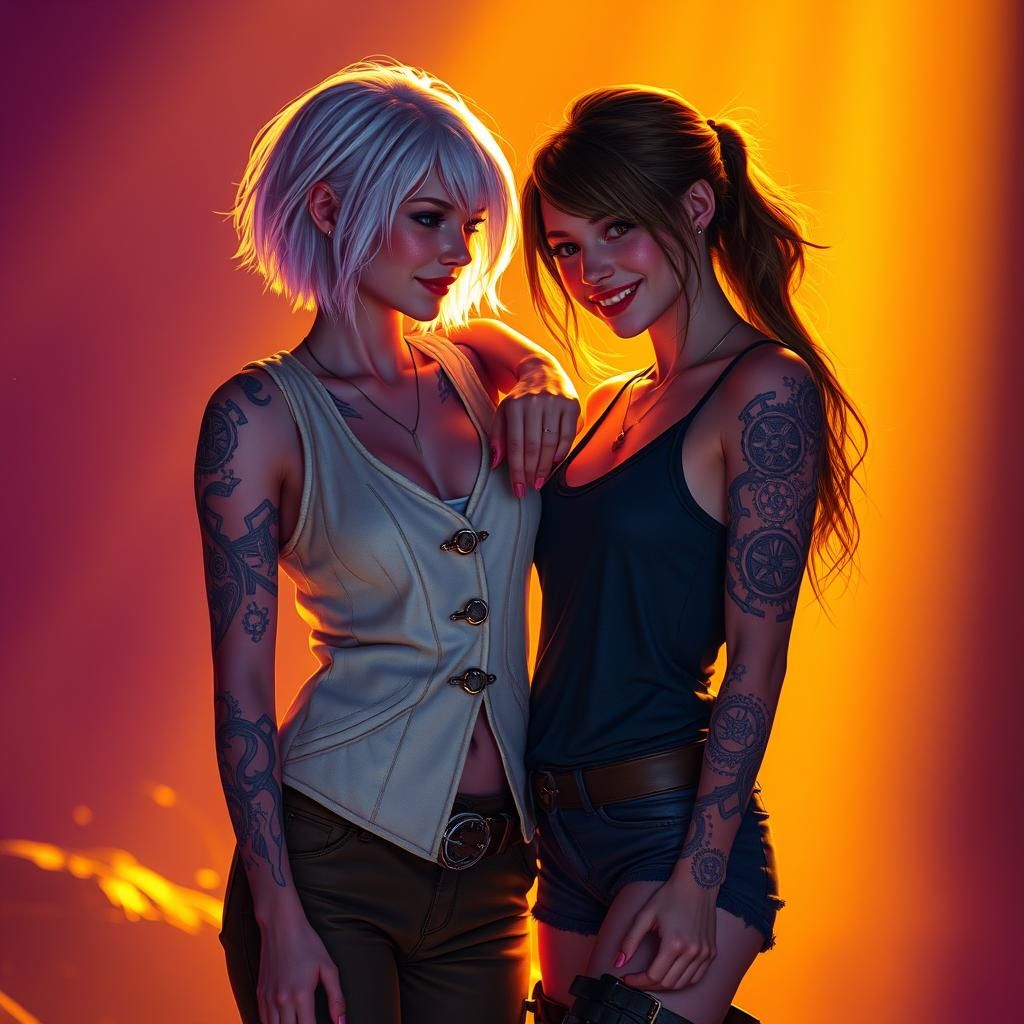 Two Women in Dark Fantasy Setting with Dynamic Lighting