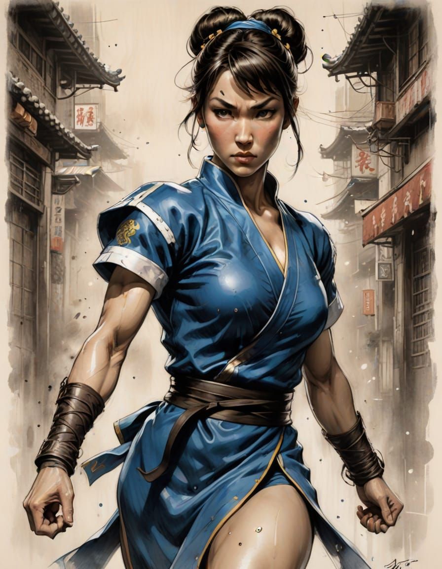 Chun-Li in Dynamic Fighting Pose as a Charcoal Sketch