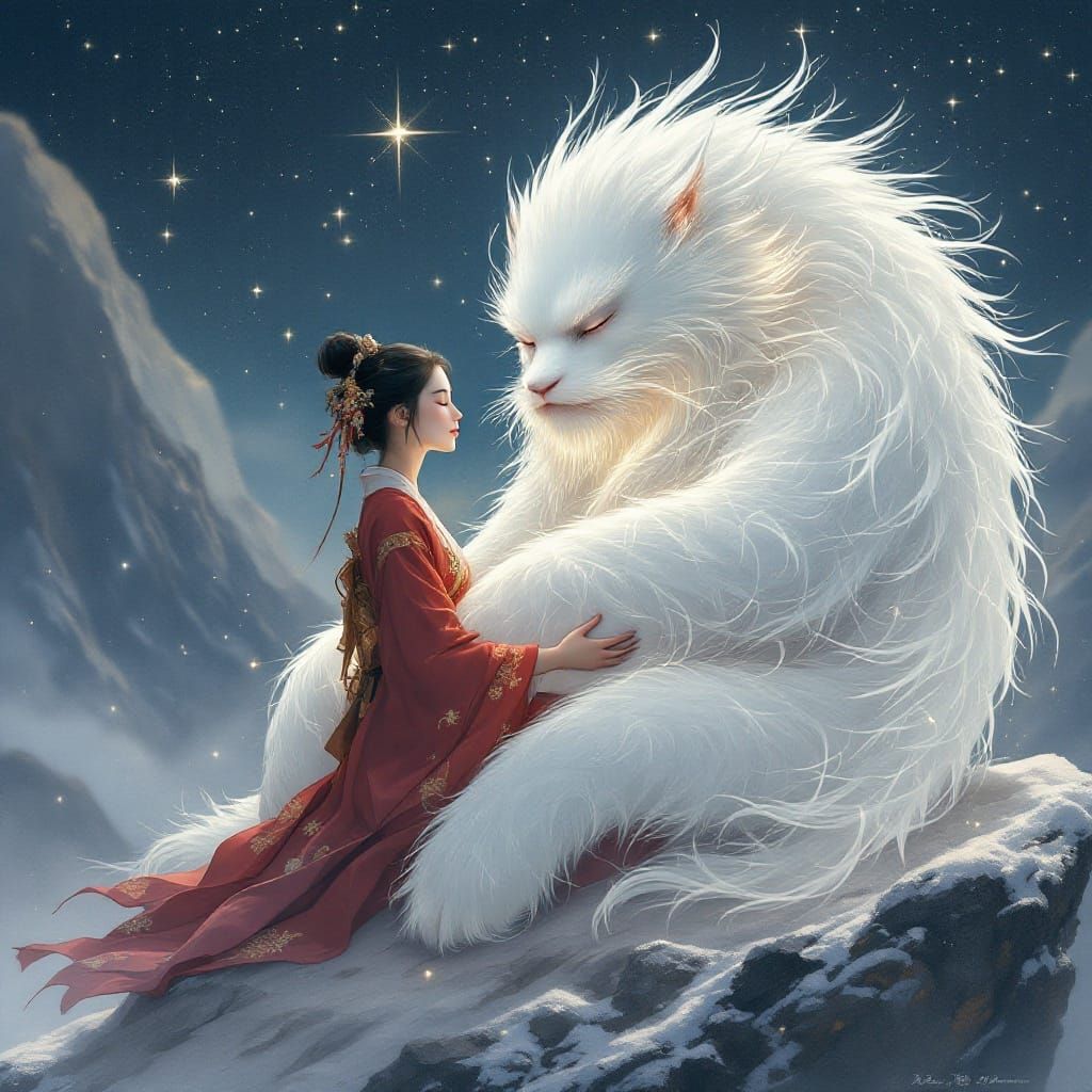 Serene Japanese Maiden Enfolds Sleeping Yokai Spirit Under S...