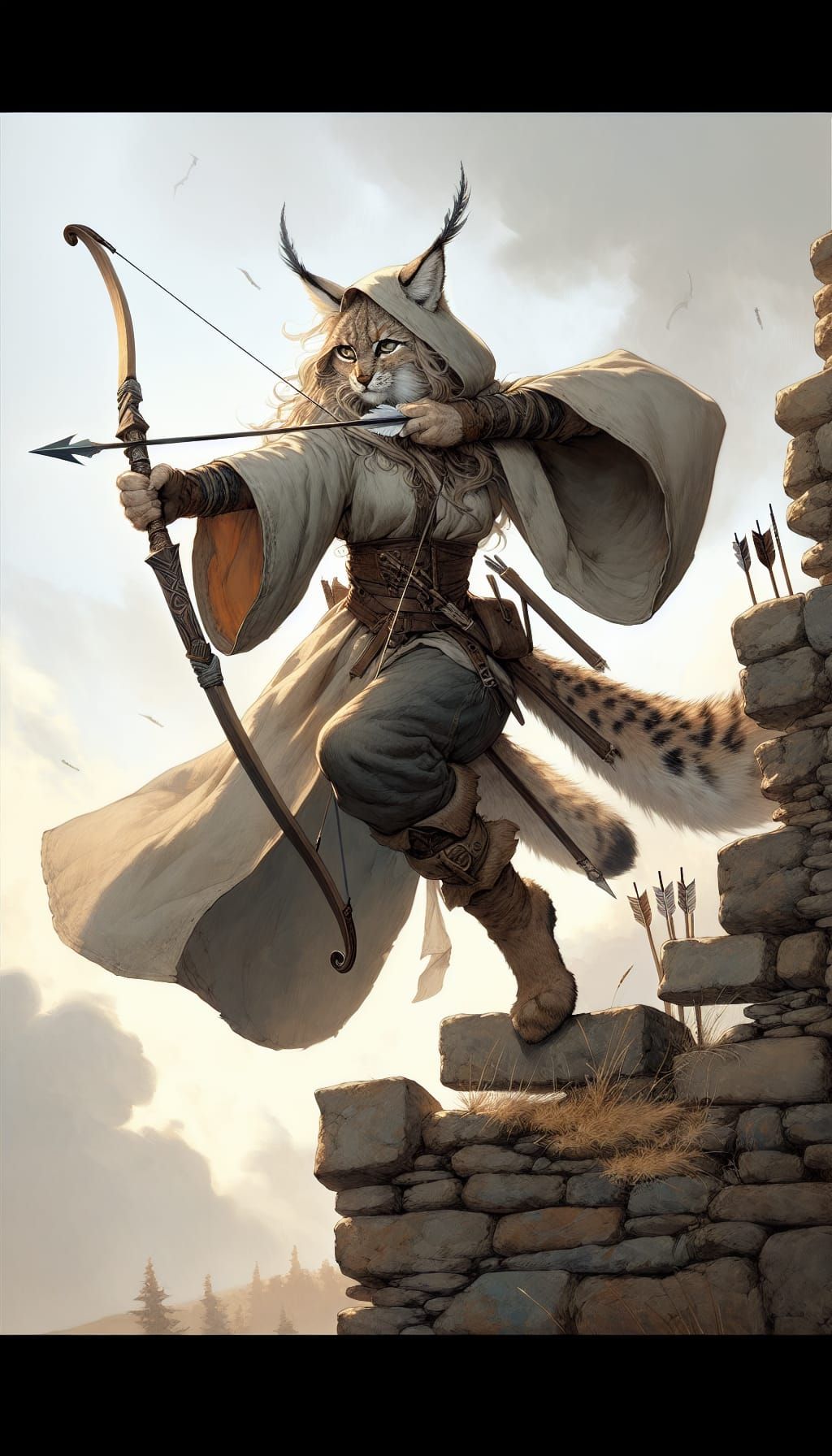 Lynx Archer on Battlement in Romantic Anime Style