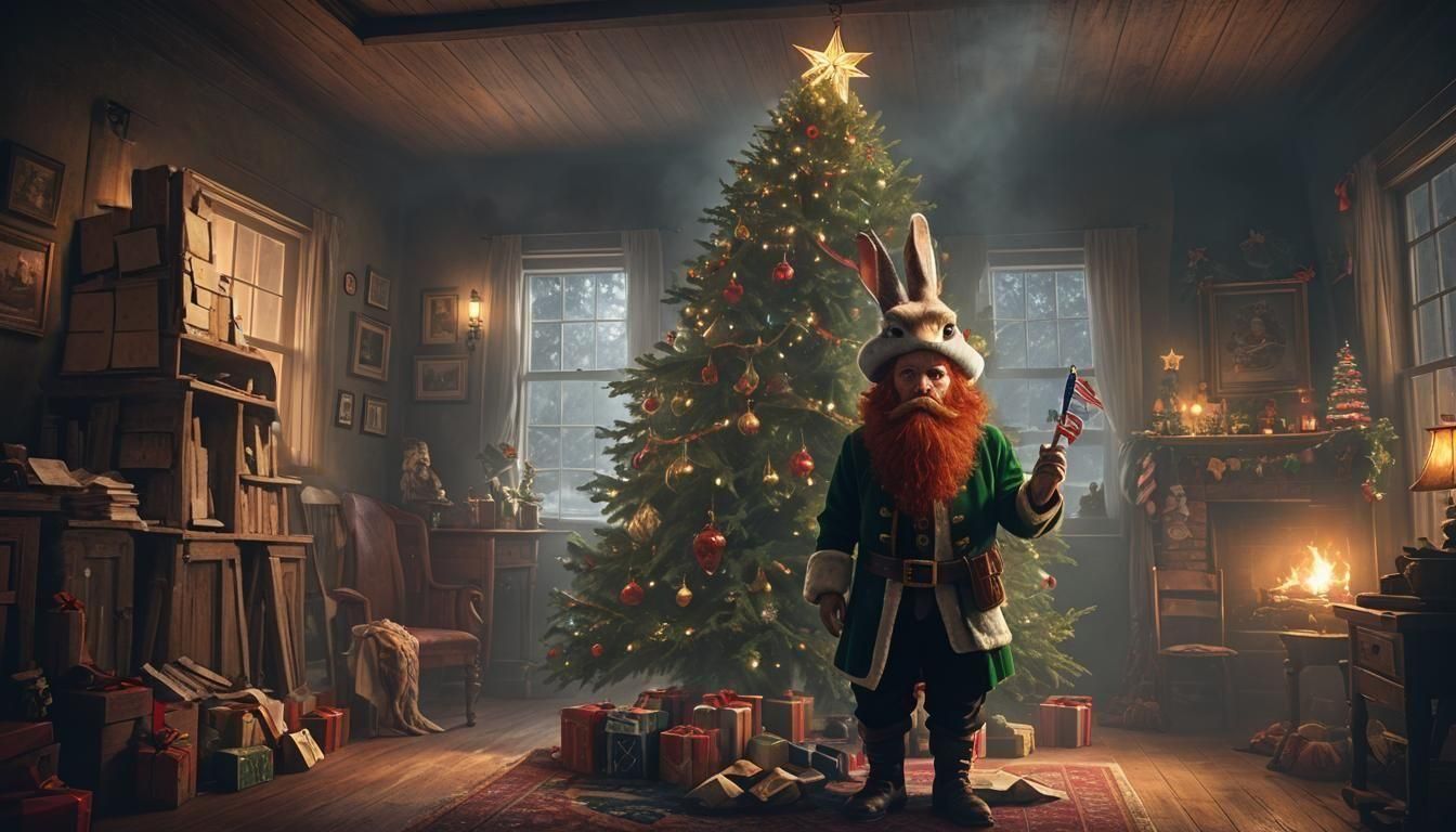 Festive Leprechaun Leaving Flag Under Christmas Tree