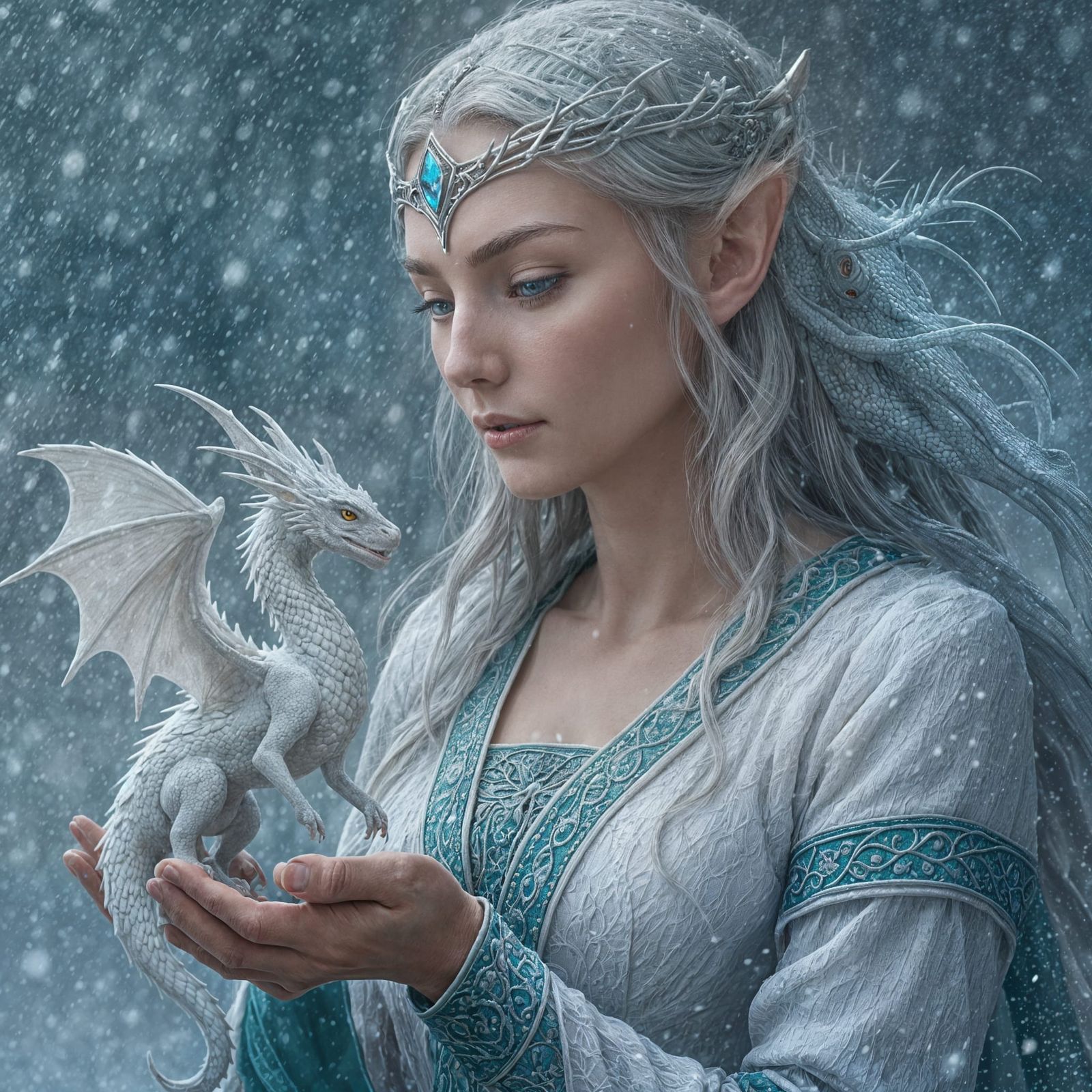 Elven woman holds an ice dragon