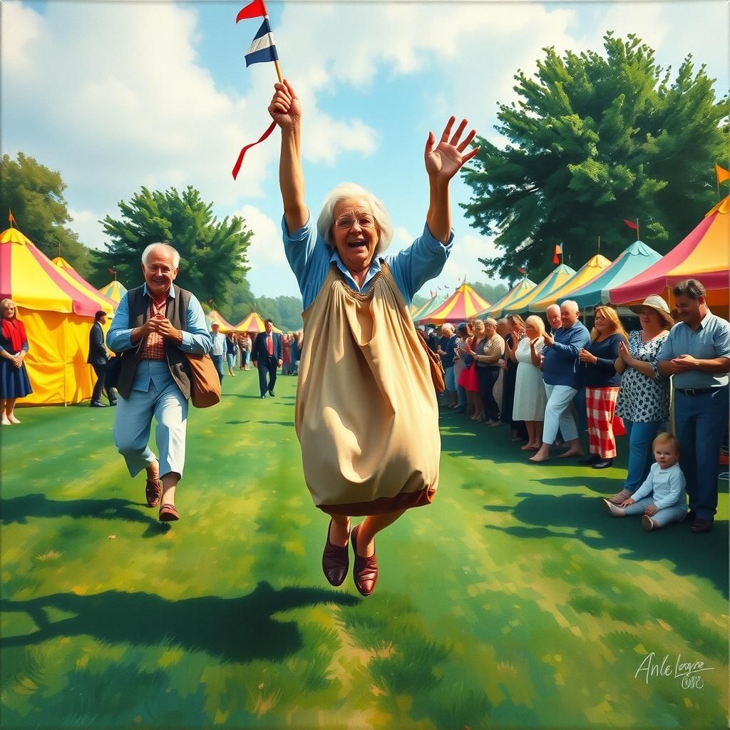 English Village Sack Race in Gouache Style