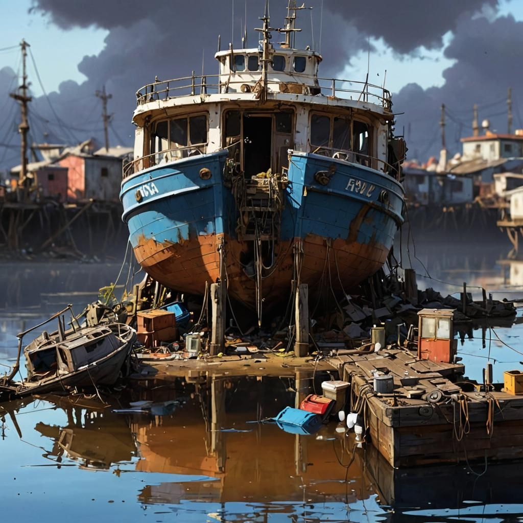 Post-Apocalyptic Fishing Dock: Steampunk Fantasy Sunrise