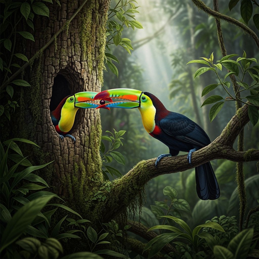 Keel-Billed Toucan Feeds Mate in Tree Hollow