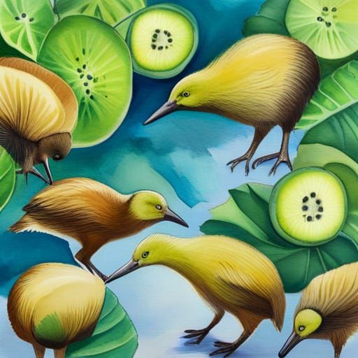Kiwi Birds in Forest, Watercolor Painting
