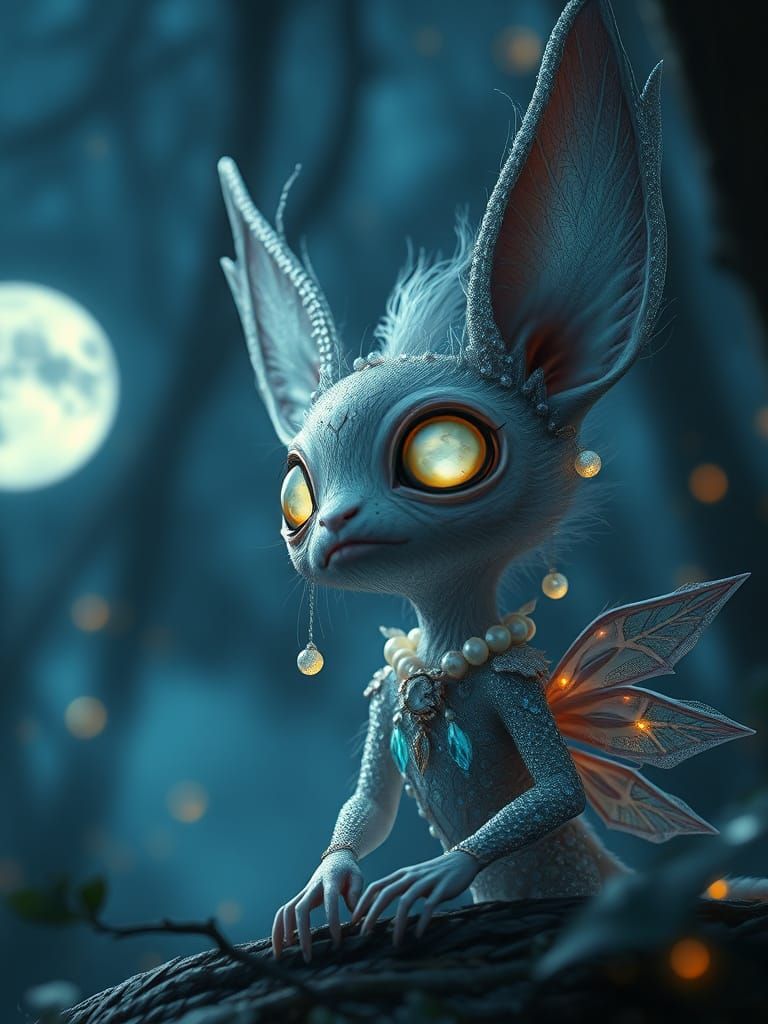 Ethereal Creature with Glowing Eyes in Moonlit Forest