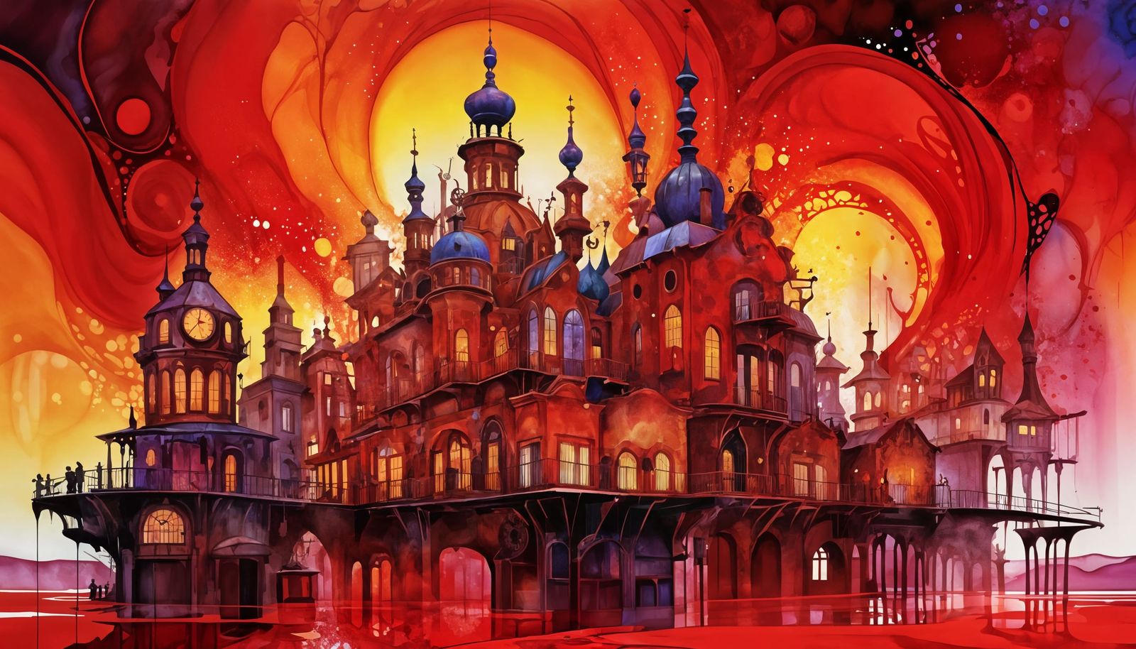 Red Baroque Steampunk Architecture in Cel-Shaded Style