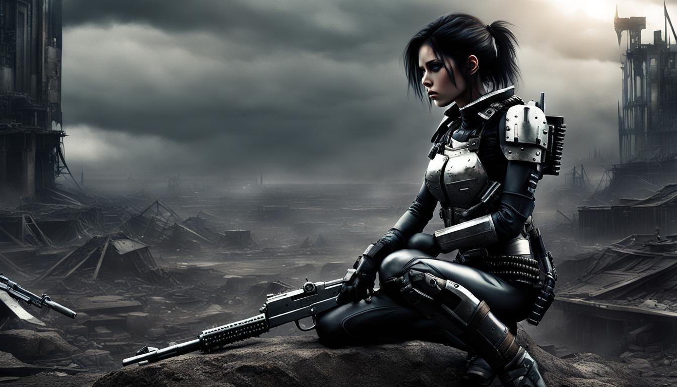 Cyborg Kneeling in Wasteland: Digital Watercolor Art