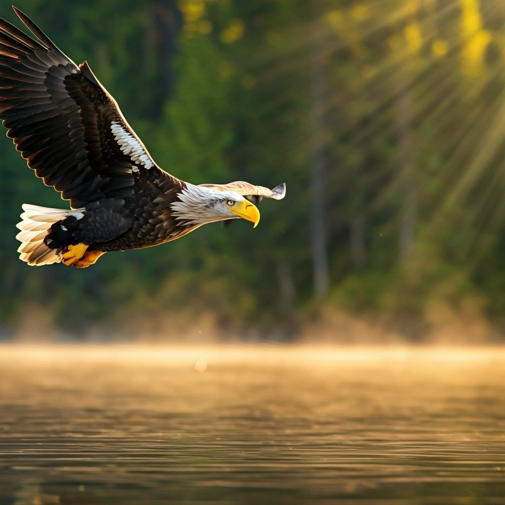 Majestic Eagle Soaring Over Pristine Lake at Sunset