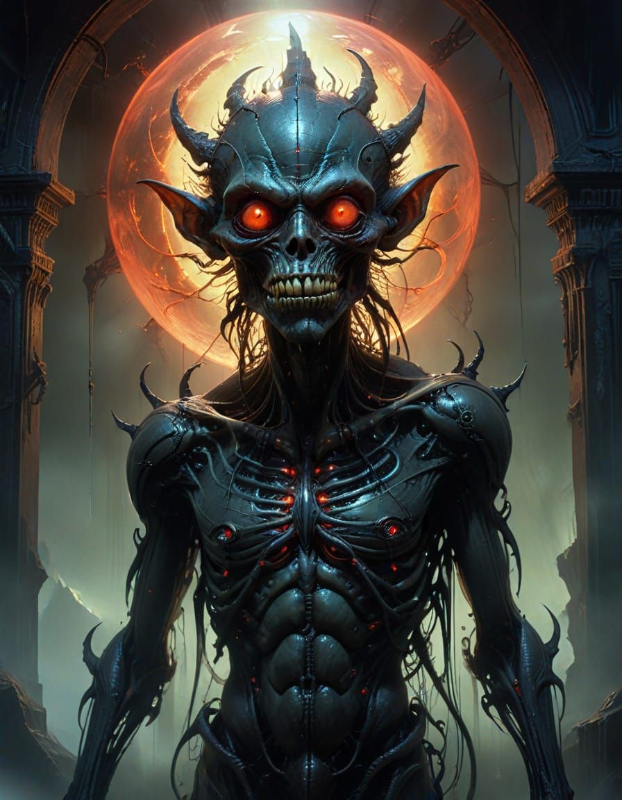 Dark Surrealist Goblin Spirit Emerges from Glowing Glass Bir...