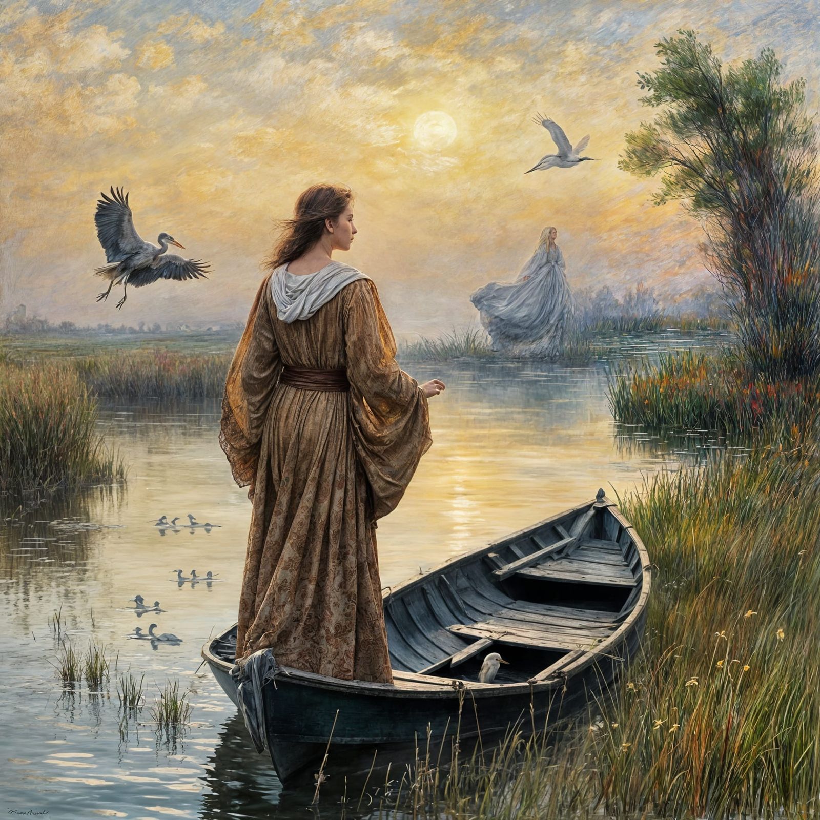 Ethereal Lady on an Abandoned Boat at Dawn