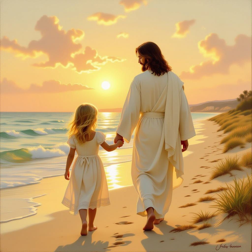 Jesus Walks With Girl on Beach in Ethereal Oil Painting Styl...