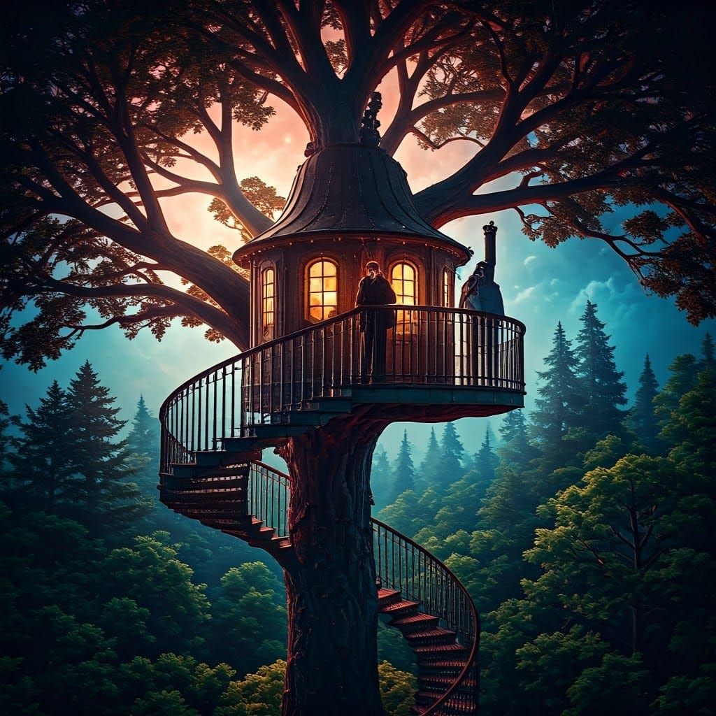 Epic Steampunk Wizard on Balcony Treehouse