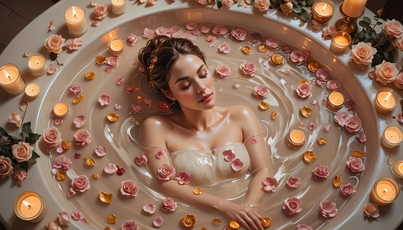 Romantic Bathtub Oil Painting with Candles