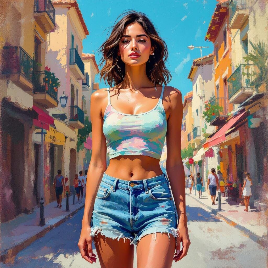 Confident Woman in Sunlit Urban Street, Impasto Style