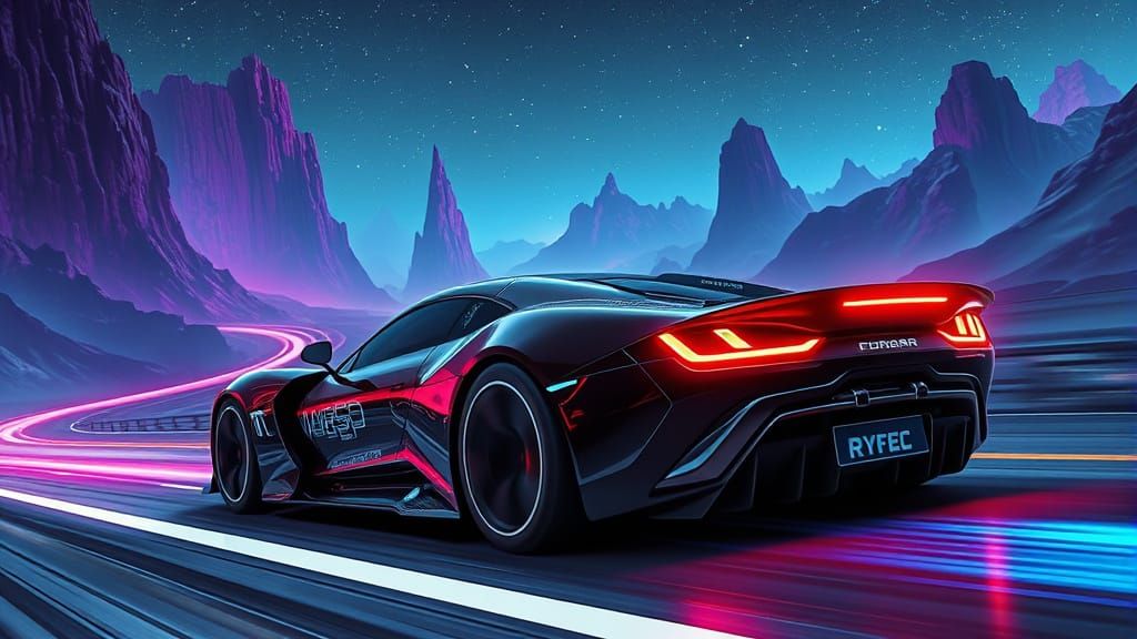Cyberpunk Car Speeds Down Alien Highway