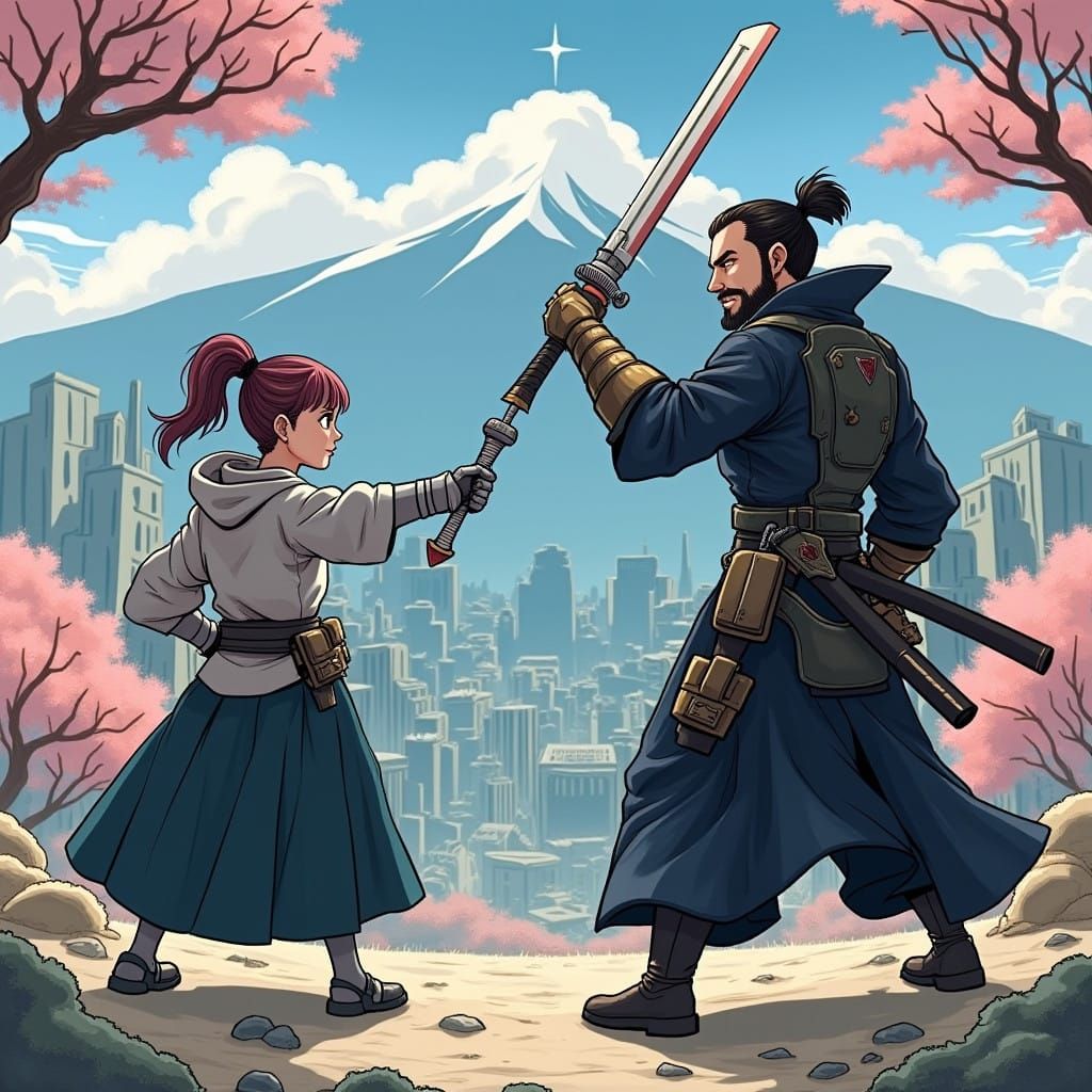 Father and Daughter Warriors Stand Ready in Futuristic Apoca...