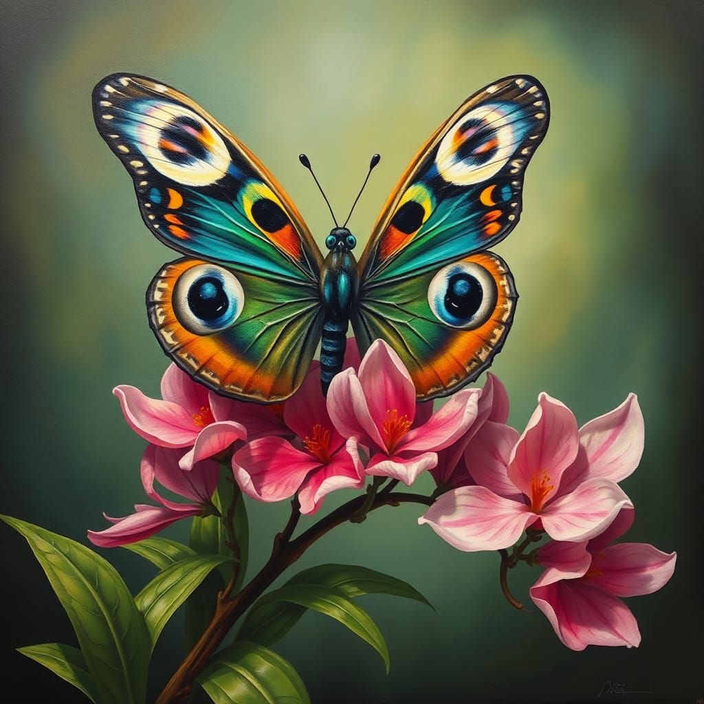 Peacock Butterfly Senses Nectar, Surrealist Oil Painting