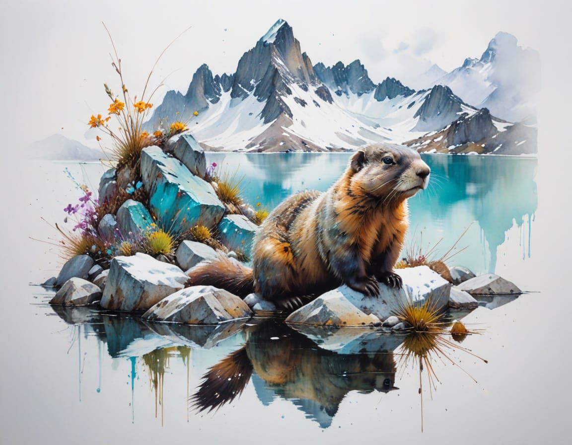 Turquoise Alpine Lake Reflection with Marmot in Watercolour