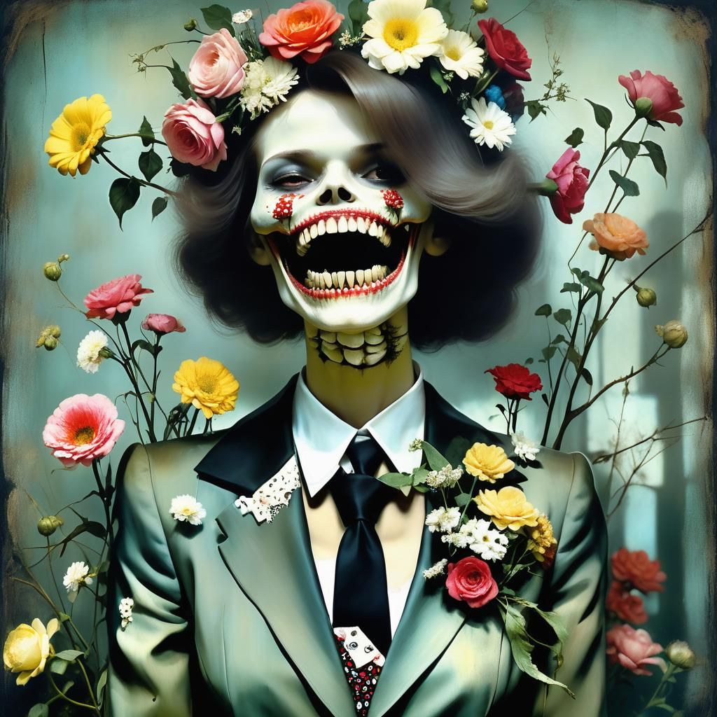 Surreal Vintage Photo of a Woman with Flowers and Teeth