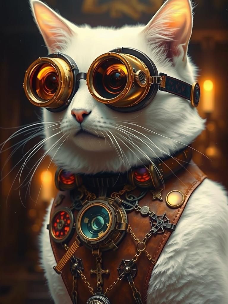 Black Cat in Steampunk Goggles, Dark Fantasy Digital Art
