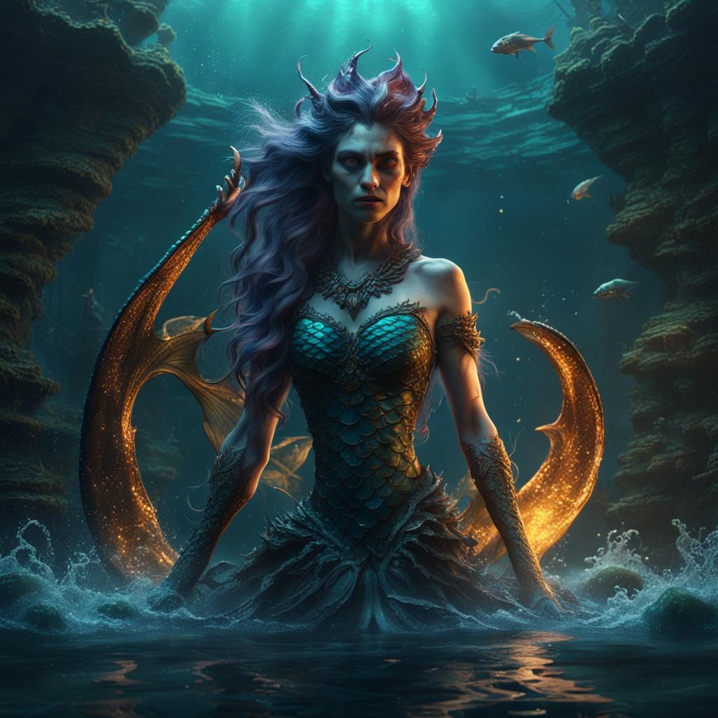 Evil Mermaid in Deep Water: Fantasy Concept Art