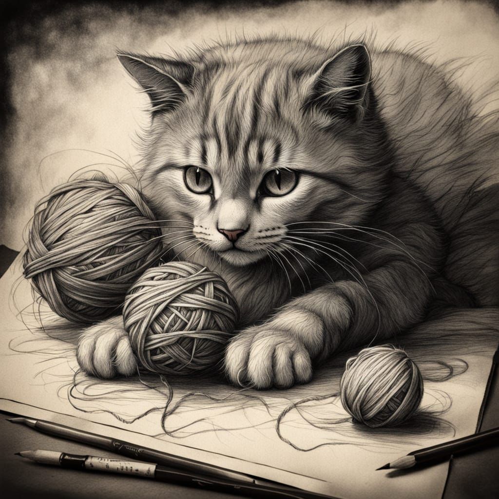 Whimsical Feline Enjoys a Charcoal Delight in Dürer's Atmosp...