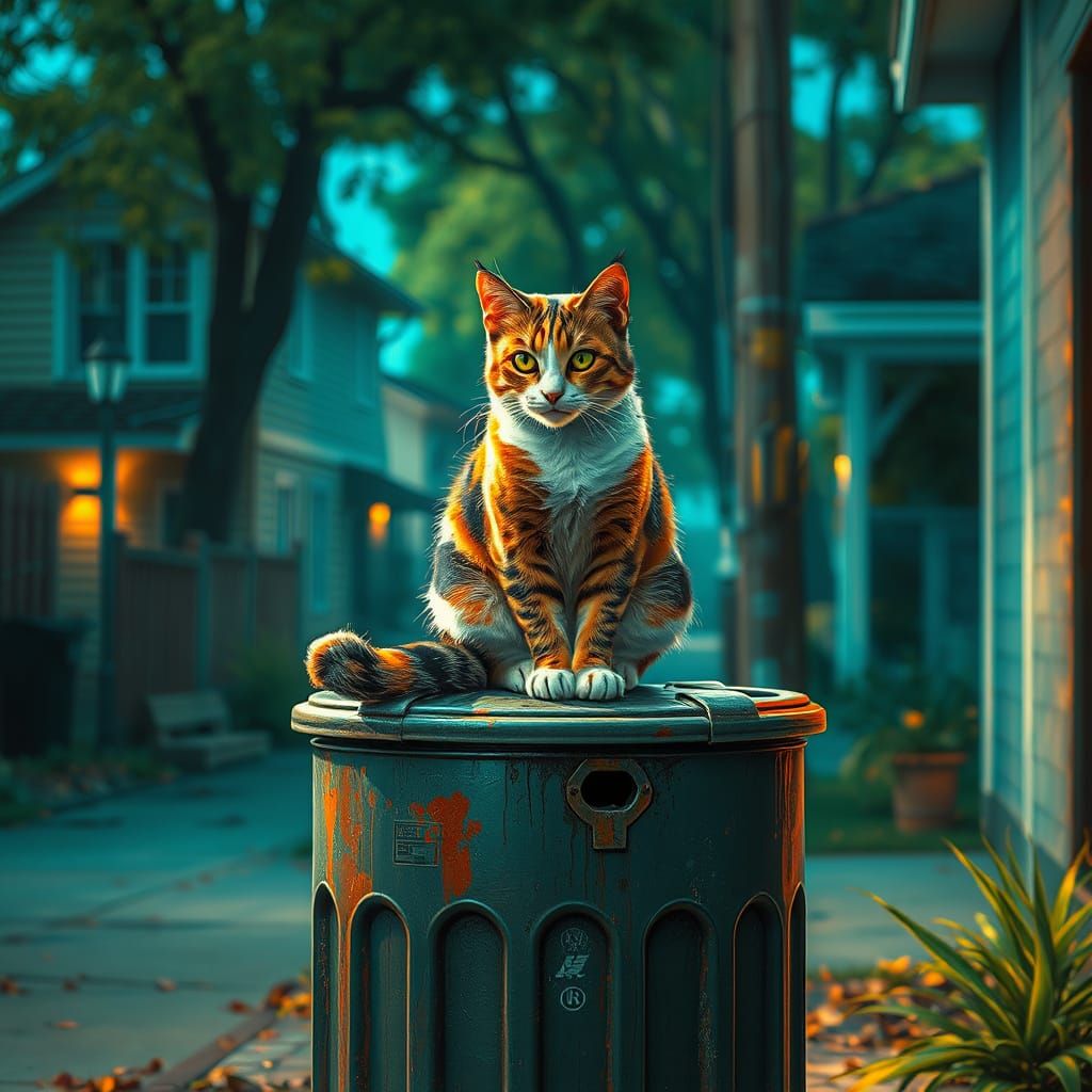 Calico Cat on Trashcan in Vibrant Triadic Colors