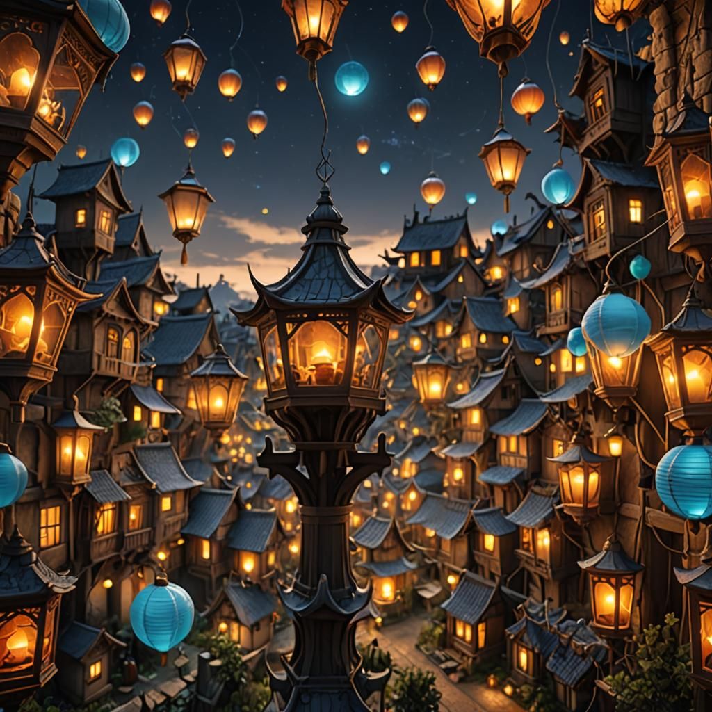 Fantasy Village of Lantern Houses by Night