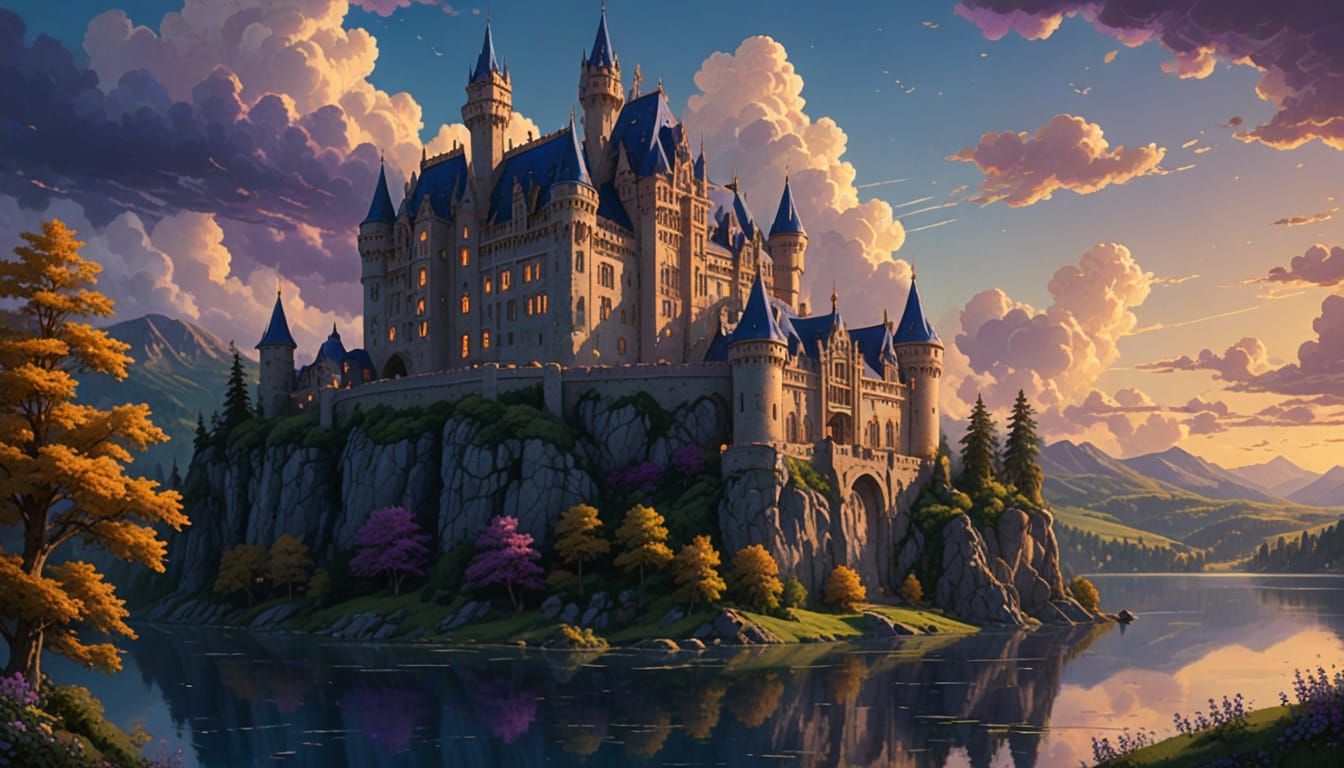 Majestic Castle Amidst Dreamlike Landscape in Cyberpunk Digi...