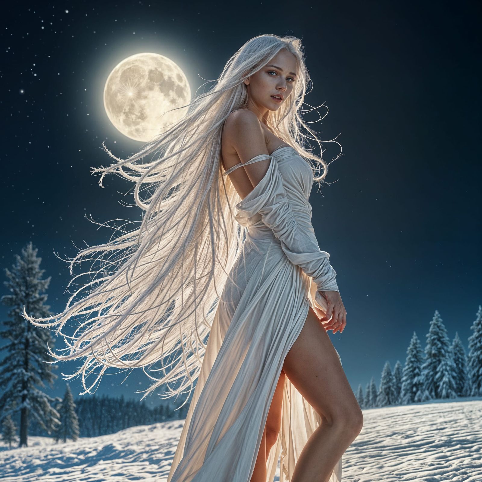 Ethereal White Vampire Queen Under Winter Moonlight