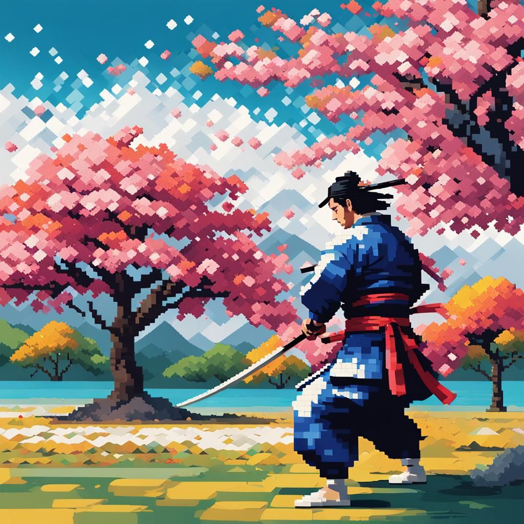 Pixelated Samurai Martial Arts Under Blossom Tree