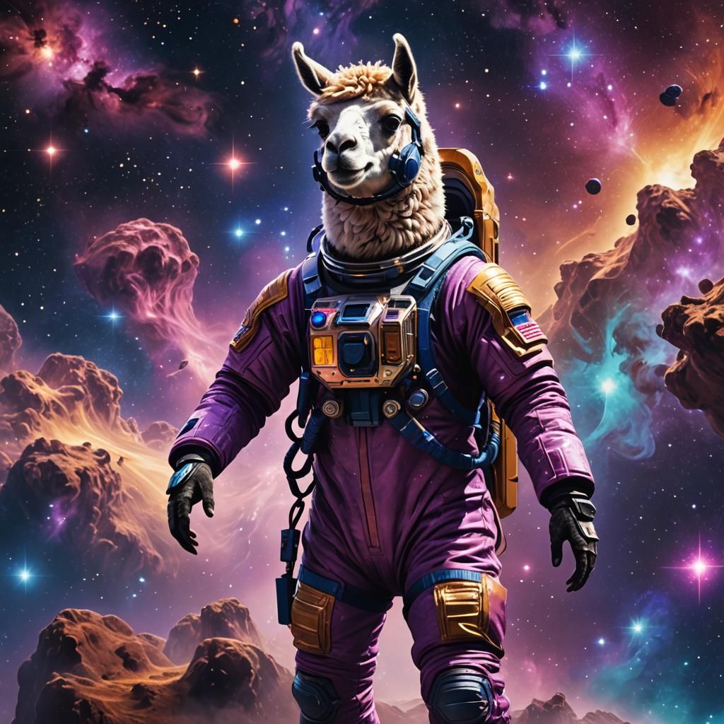 Llama Astronaut in Starry Galaxy: Digital Matte Painting