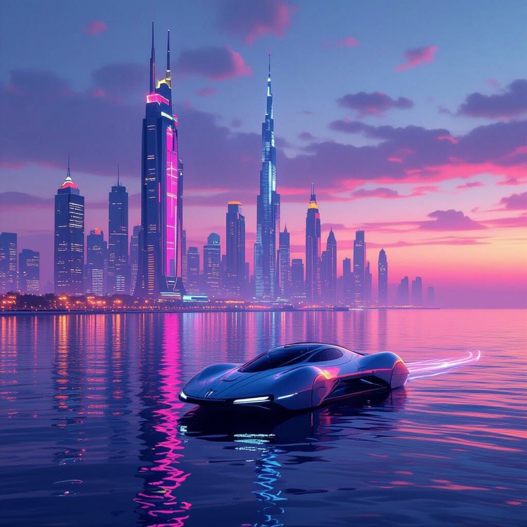 Cyberpunk Persian Gulf at Dusk with Neon Skyscrapers