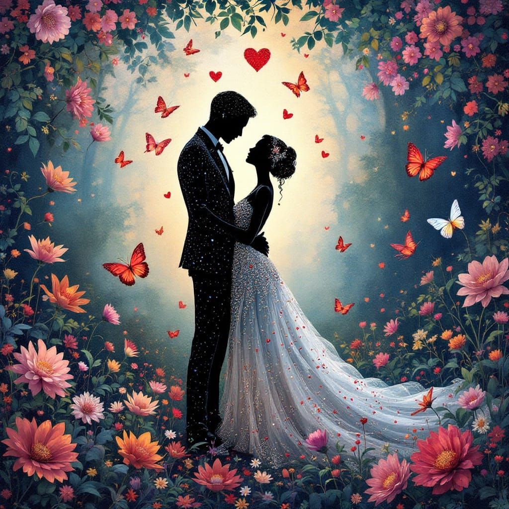 Elegant Couple and Baby Silhouette in Whimsical Mosaic Garde...