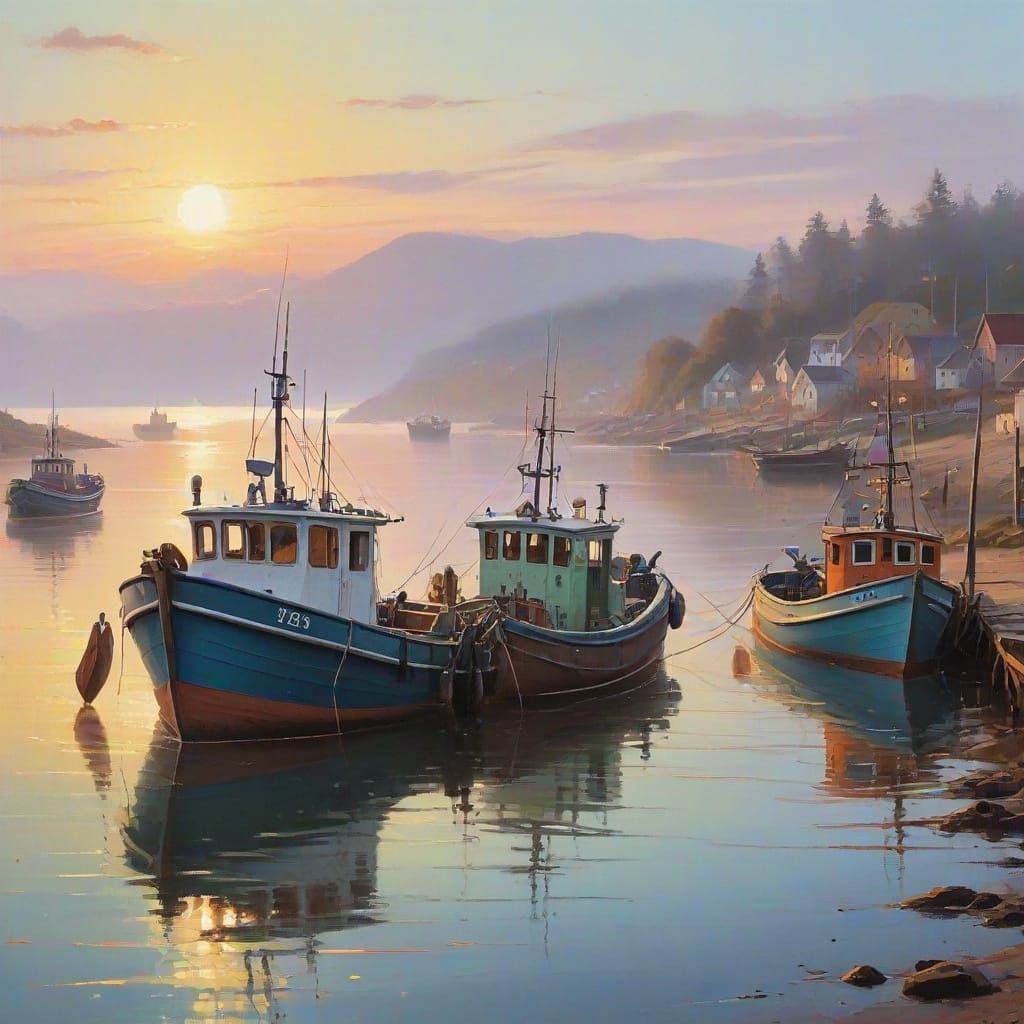 Fishing Boats Return at Sunrise: Gouache Painting