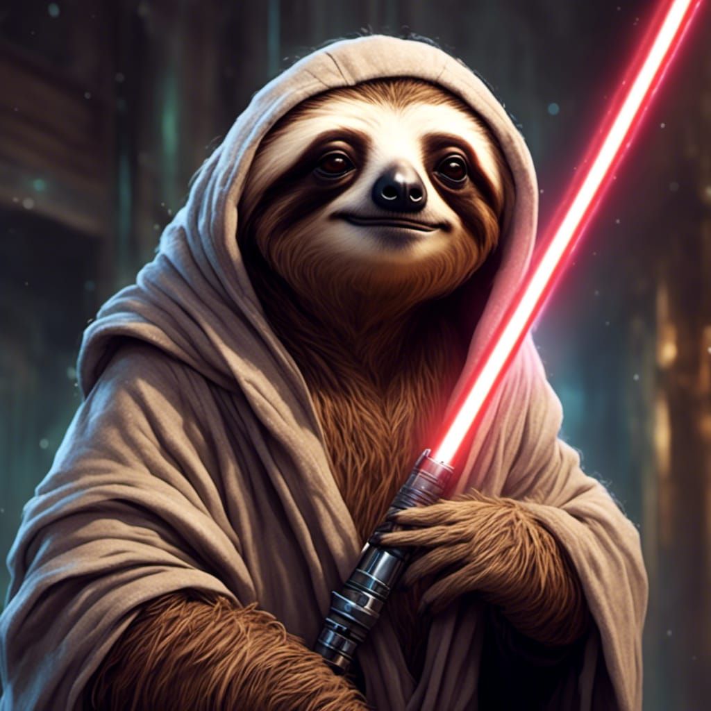 Sloth Jedi Knight with Lightsaber, Ink Sketch