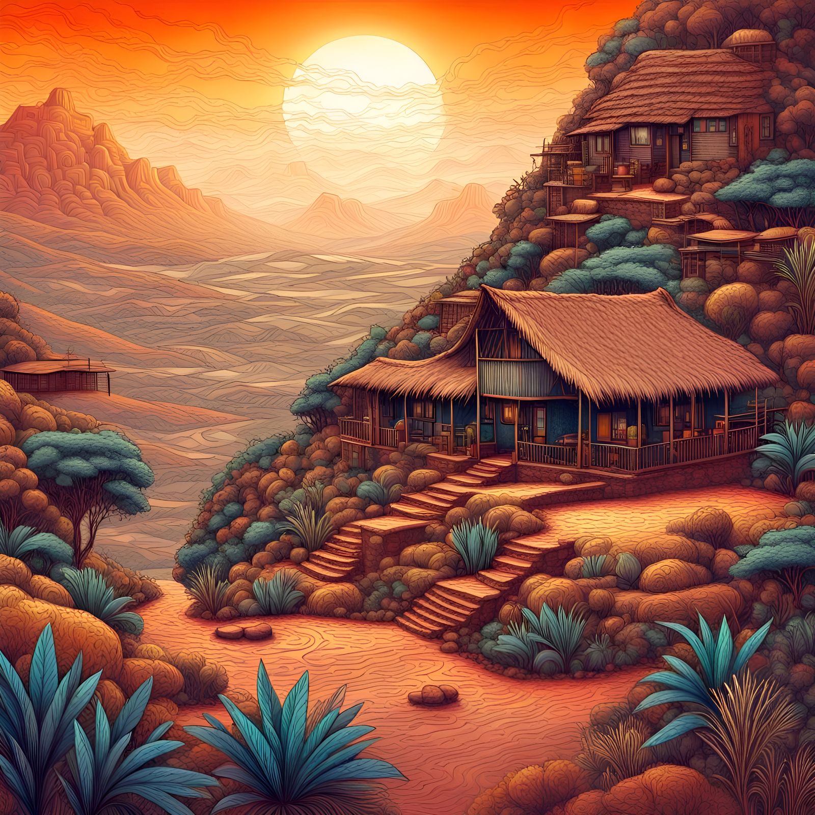 African Home in Valley: Abstract Crayon Art