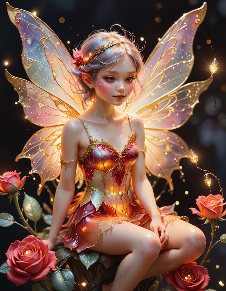 Pixie on Crimson Rose in Watercolor Style