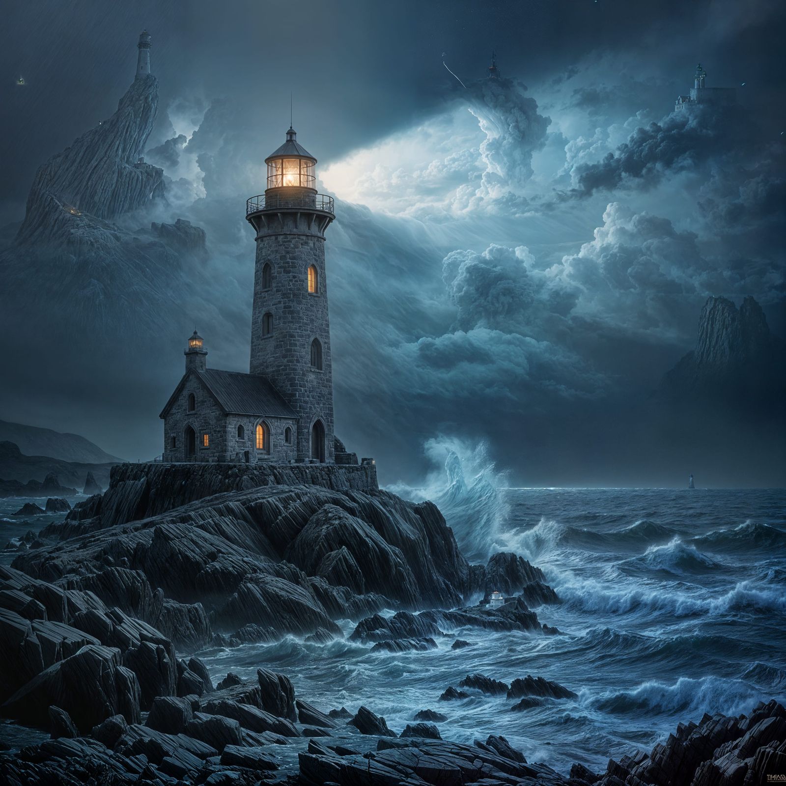 Weathered Lighthouse Beam Through Stormy Twilight Sea