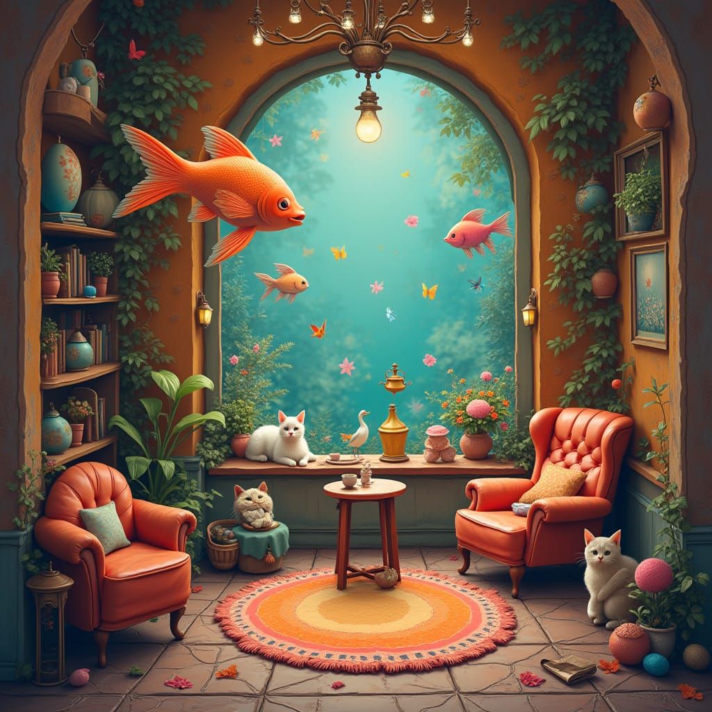 Whimsical Surreal World with Cats and Fish