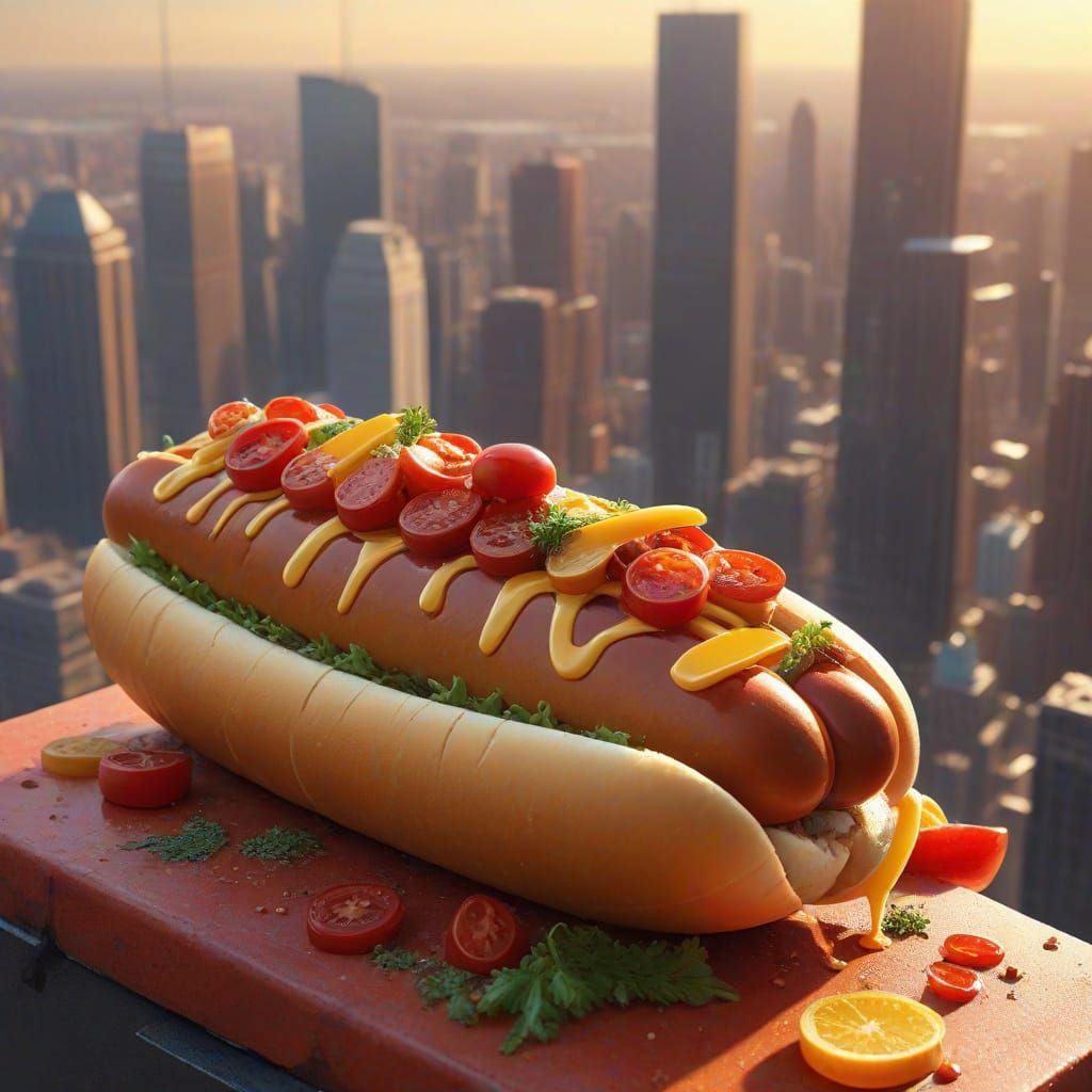 Colossal Hotdog on Skyscraper in Golden Hour Digital Paintin...