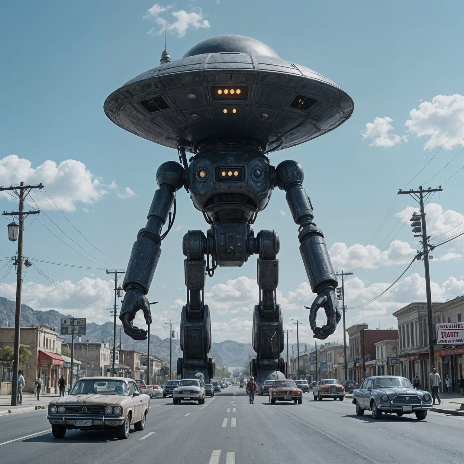 Giant Fembot Rescues Humanoids in Mad Max City