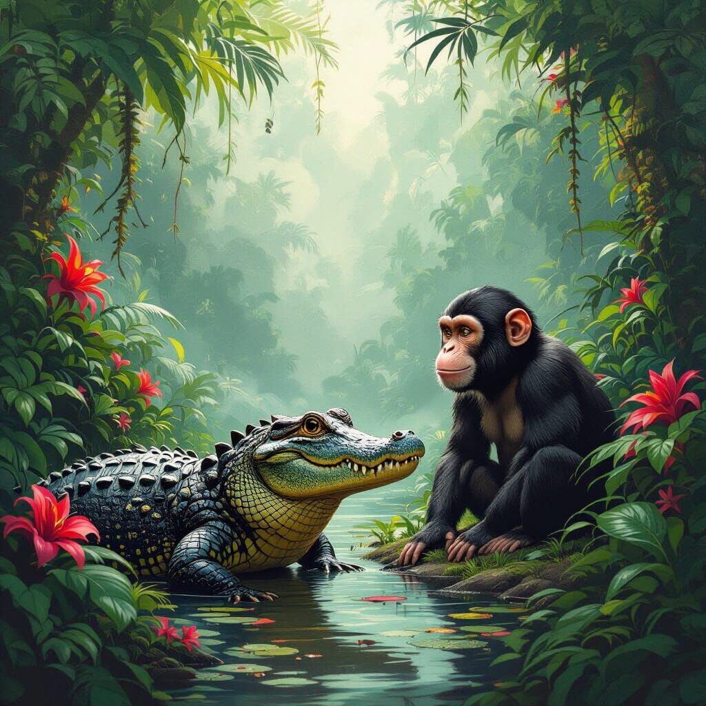 Jungle Alligator and Monkey in Fantasy Art Style