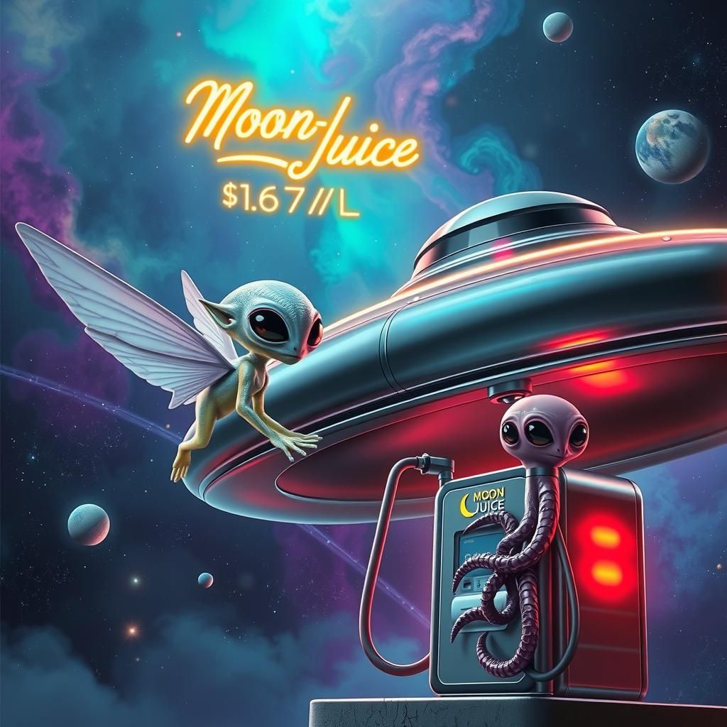 Retrofuturistic Gas Station in Space with Alien Attendants